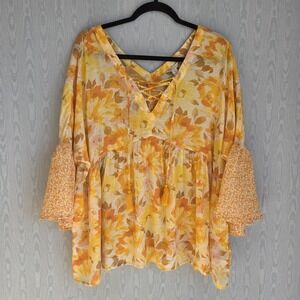 Cato Blouse XL Peasant Top Yellow Orange Lace Up Babydoll Woven Lagenlook